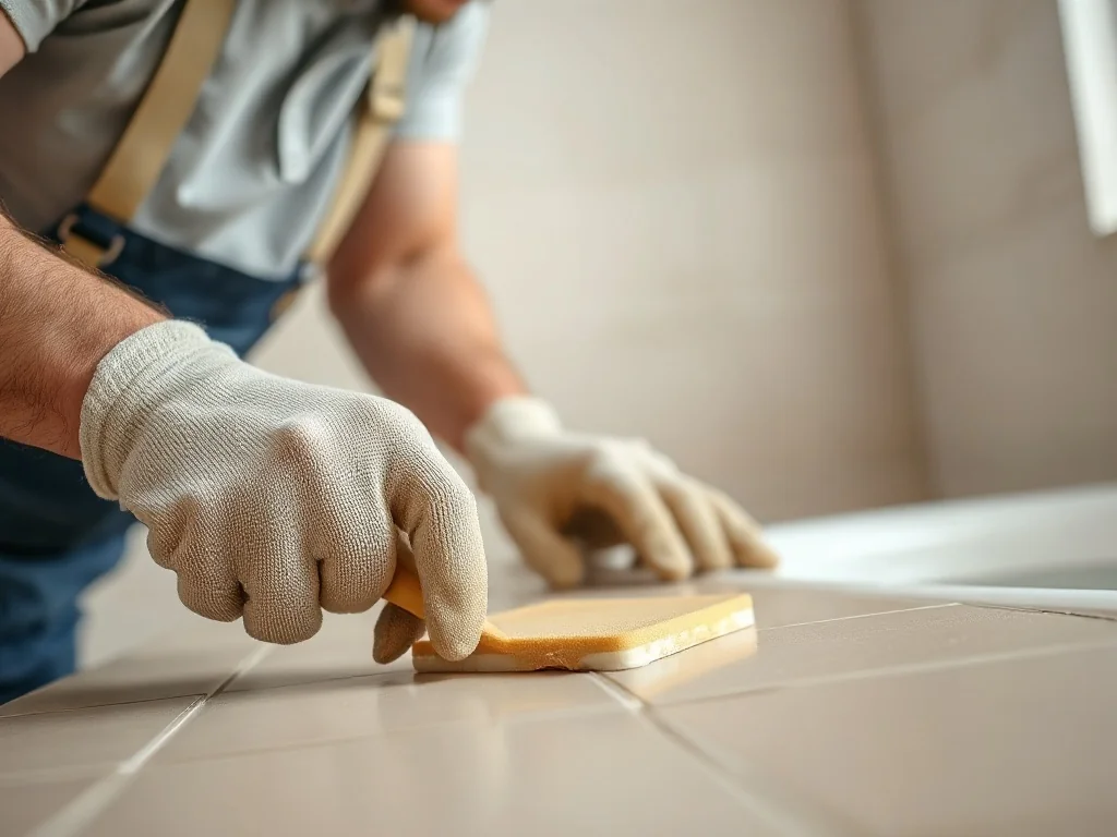 Pracownik w rękawicach roboczych precyzyjnie wypełnia fugą szczeliny między płytkami ceramicznymi za pomocą gumowej pacy.