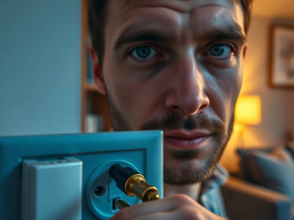 Mężczyzna wkłada wtyczkę elektryczną do gniazdka ściennego w nowoczesnym salonie.